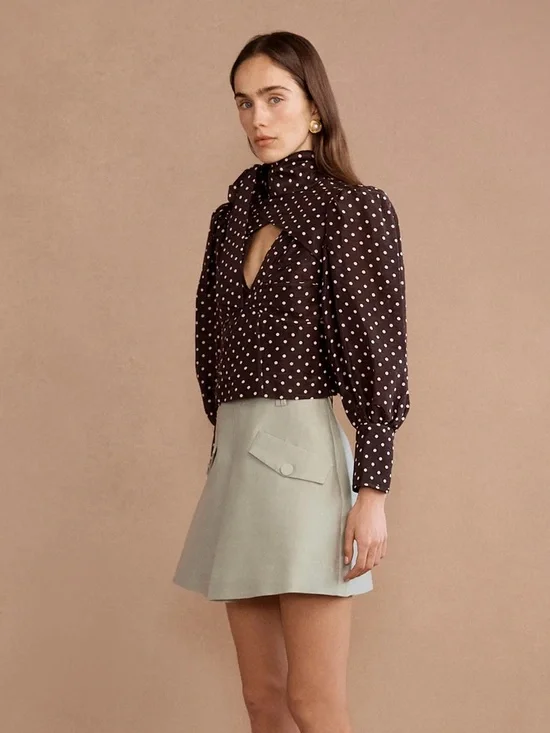 New Anthropologie Lovaan Danielle Linen Blend Polka Dot Long-Sleeve Blouse - Picture 6 of 10